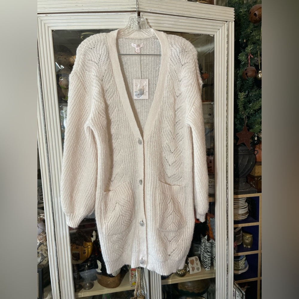 Lauren Conrad cream white oversized long cardigan crystal flowers buttons new M